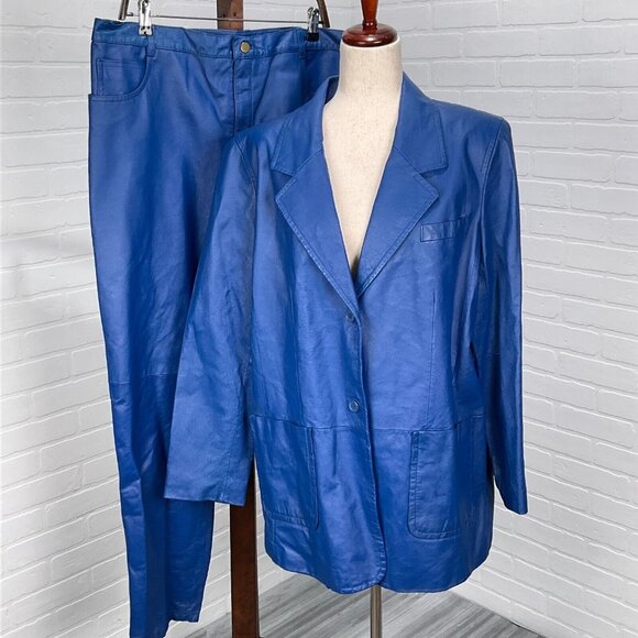 Via Accenti Pant Suit Women 48/38Wx30L Blue Leather 5 Pocket Taper Nylon 90s 2pc - Picture 1 of 16